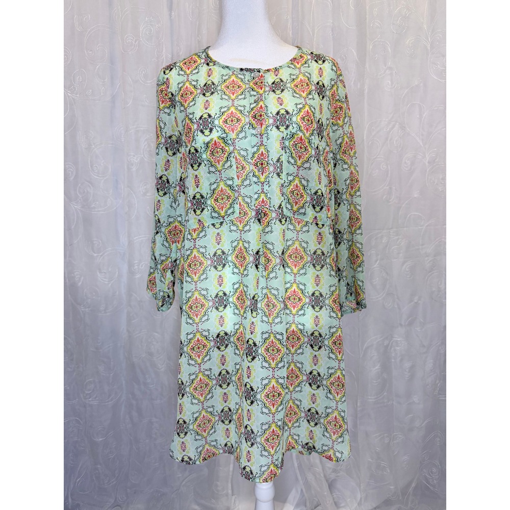 Fig and Flower Mint Green Medallion Print Button Front Tunic Blouse Large